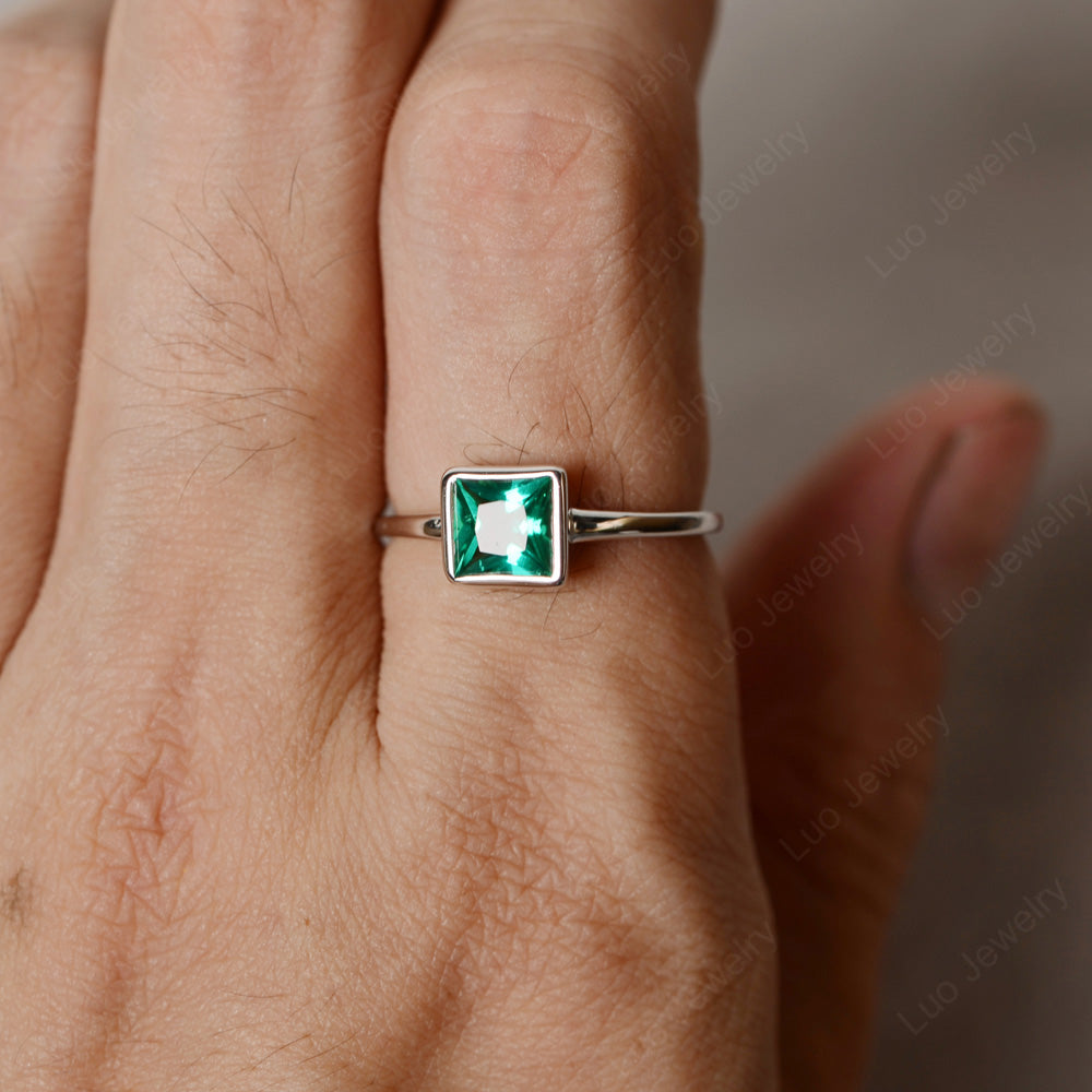 Princess Cut Lab Emerald Bezel Set Solitaire Ring - LUO Jewelry
