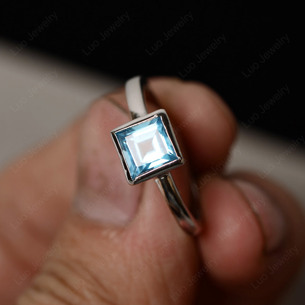 Princess Cut Swiss Blue Topaz Bezel Set Solitaire Ring - LUO Jewelry