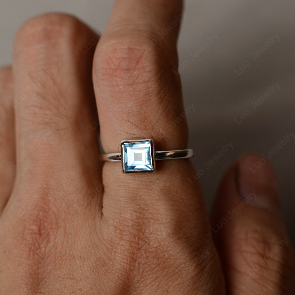 Princess Cut Swiss Blue Topaz Bezel Set Solitaire Ring - LUO Jewelry
