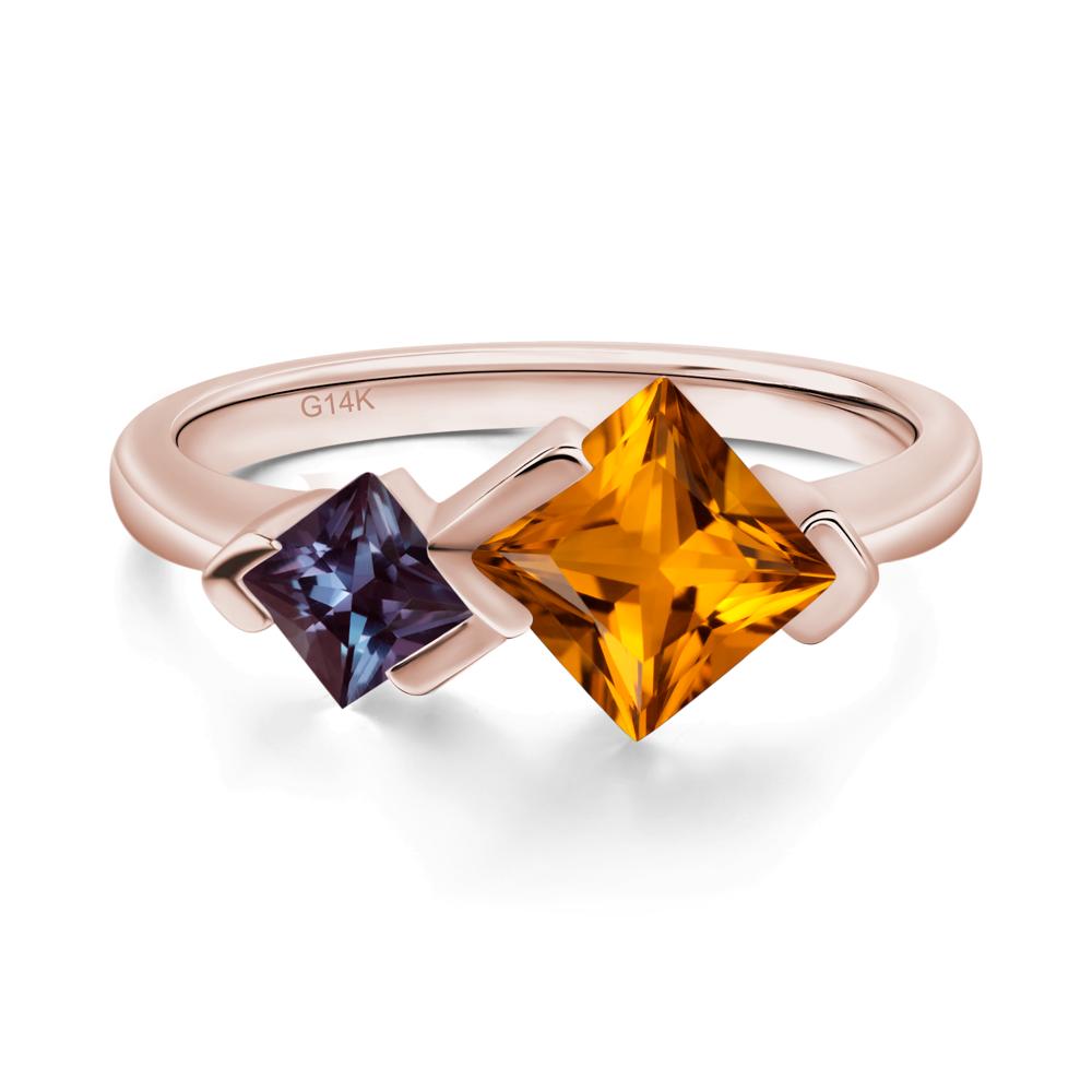 Kite Set 2 Stone Princess Cut Citrine and Alexandrite Ring - LUO Jewelry #metal_14k rose gold