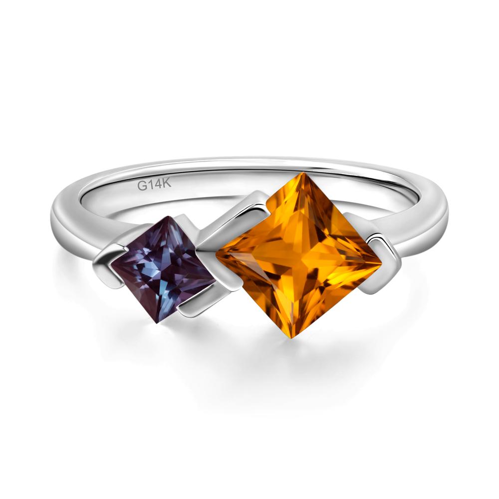 Kite Set 2 Stone Princess Cut Citrine and Alexandrite Ring - LUO Jewelry #metal_14k white gold