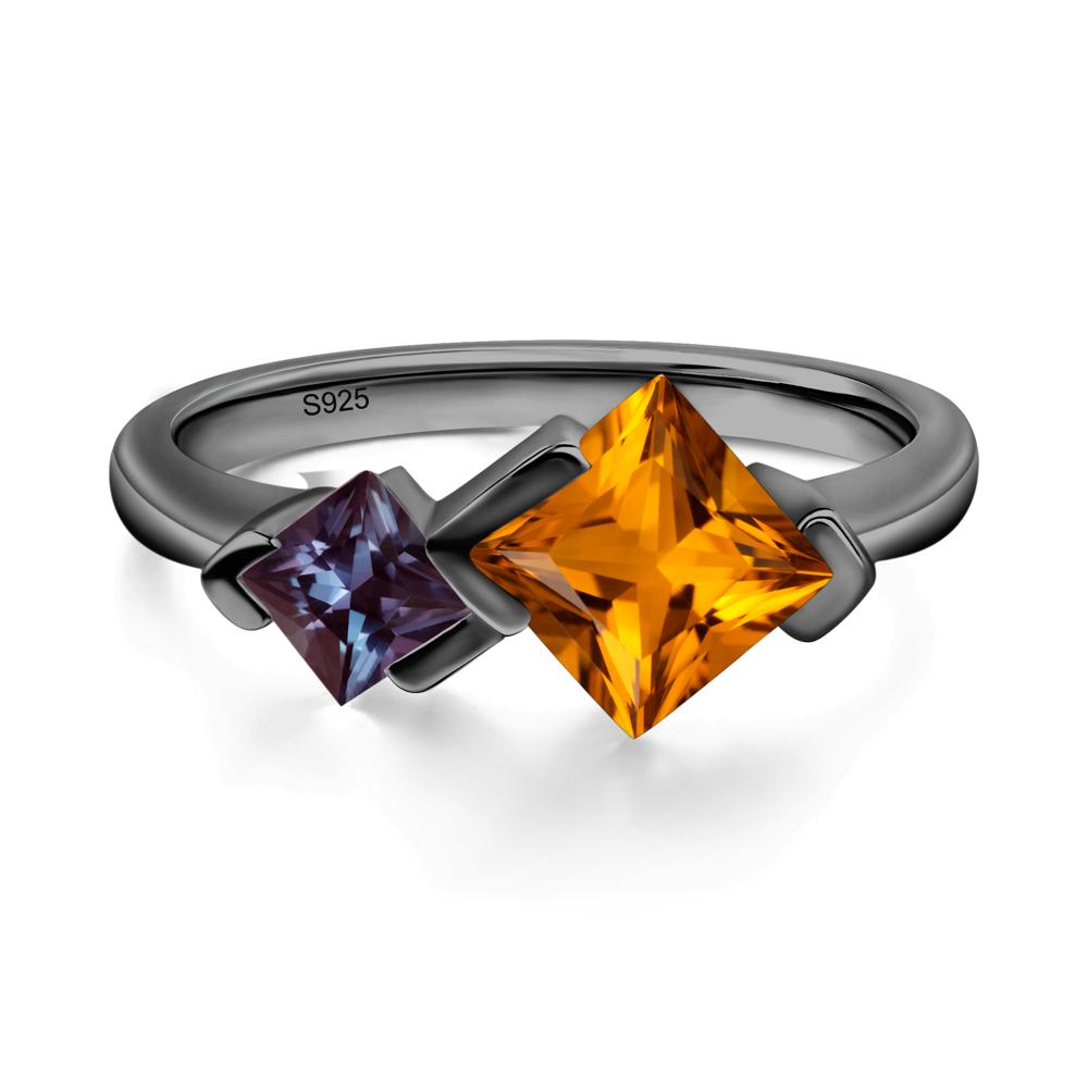Kite Set 2 Stone Princess Cut Citrine and Alexandrite Ring - LUO Jewelry #metal_black finish sterling silver