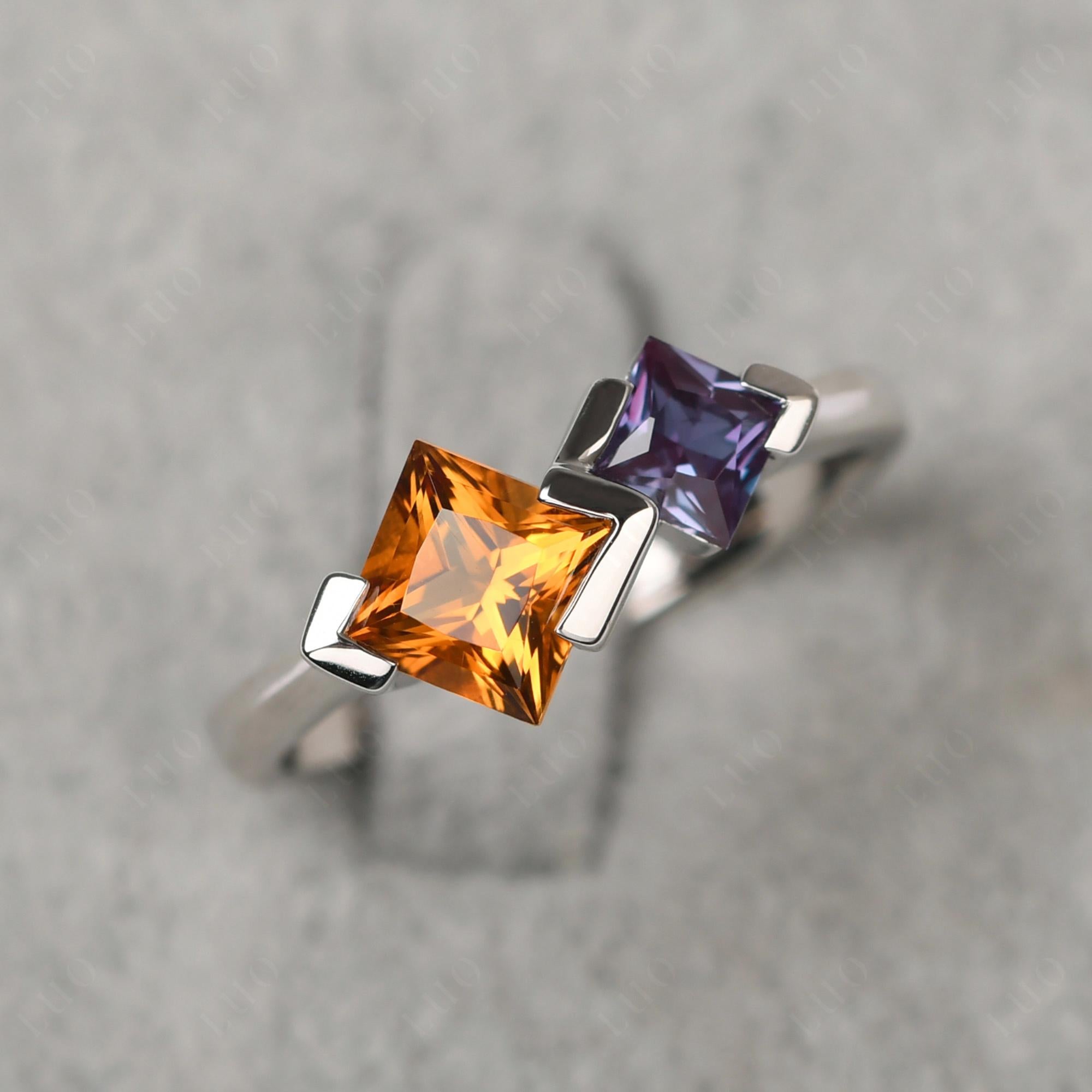 Kite Set 2 Stone Princess Cut Citrine and Alexandrite Ring - LUO Jewelry