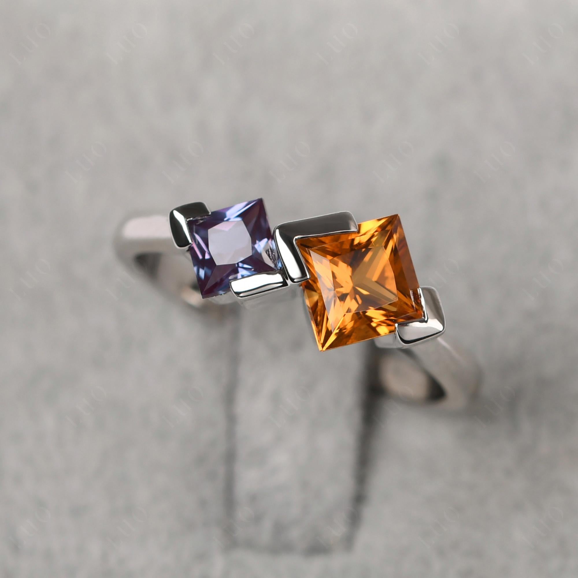 Kite Set 2 Stone Princess Cut Citrine and Alexandrite Ring - LUO Jewelry