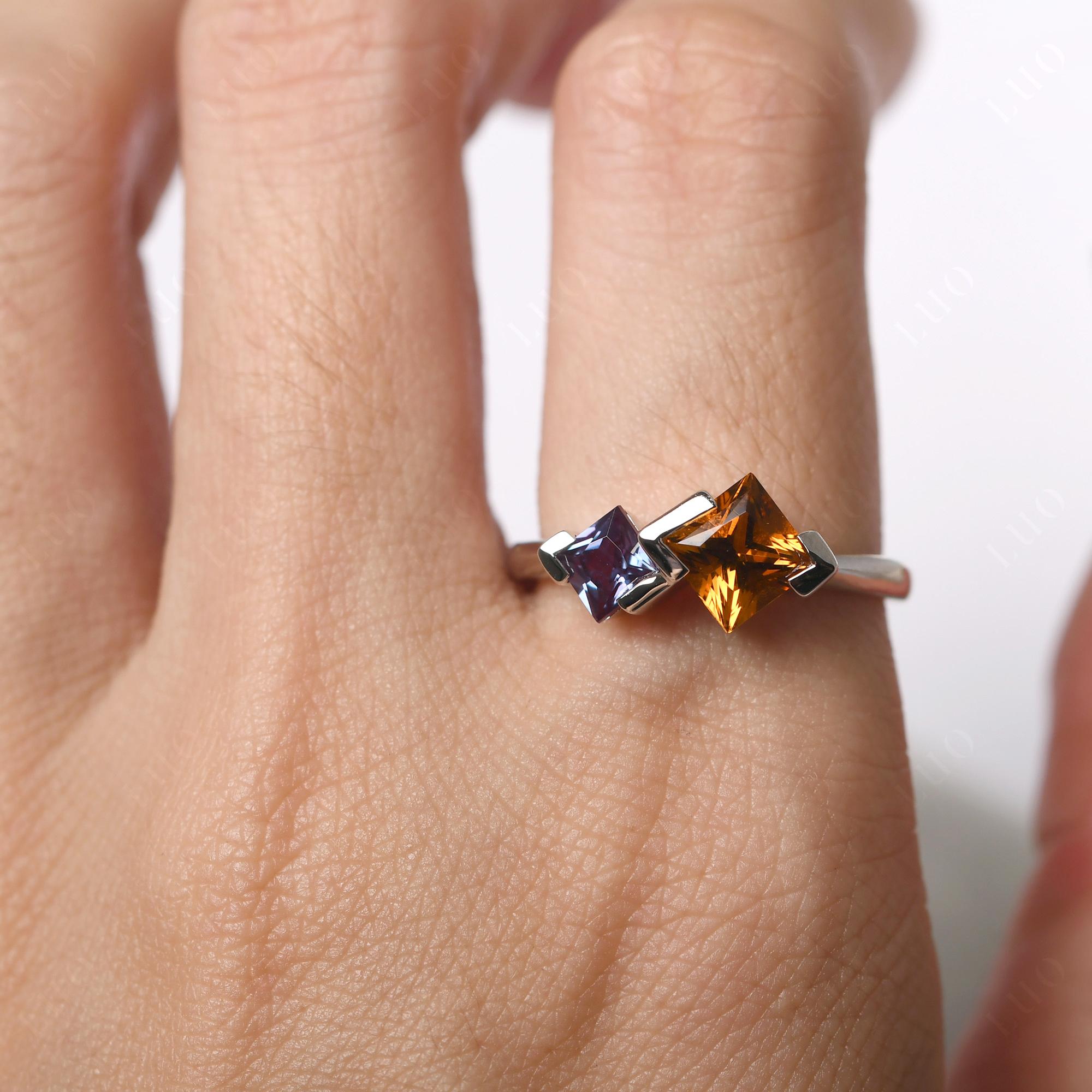 Kite Set 2 Stone Princess Cut Citrine and Alexandrite Ring - LUO Jewelry