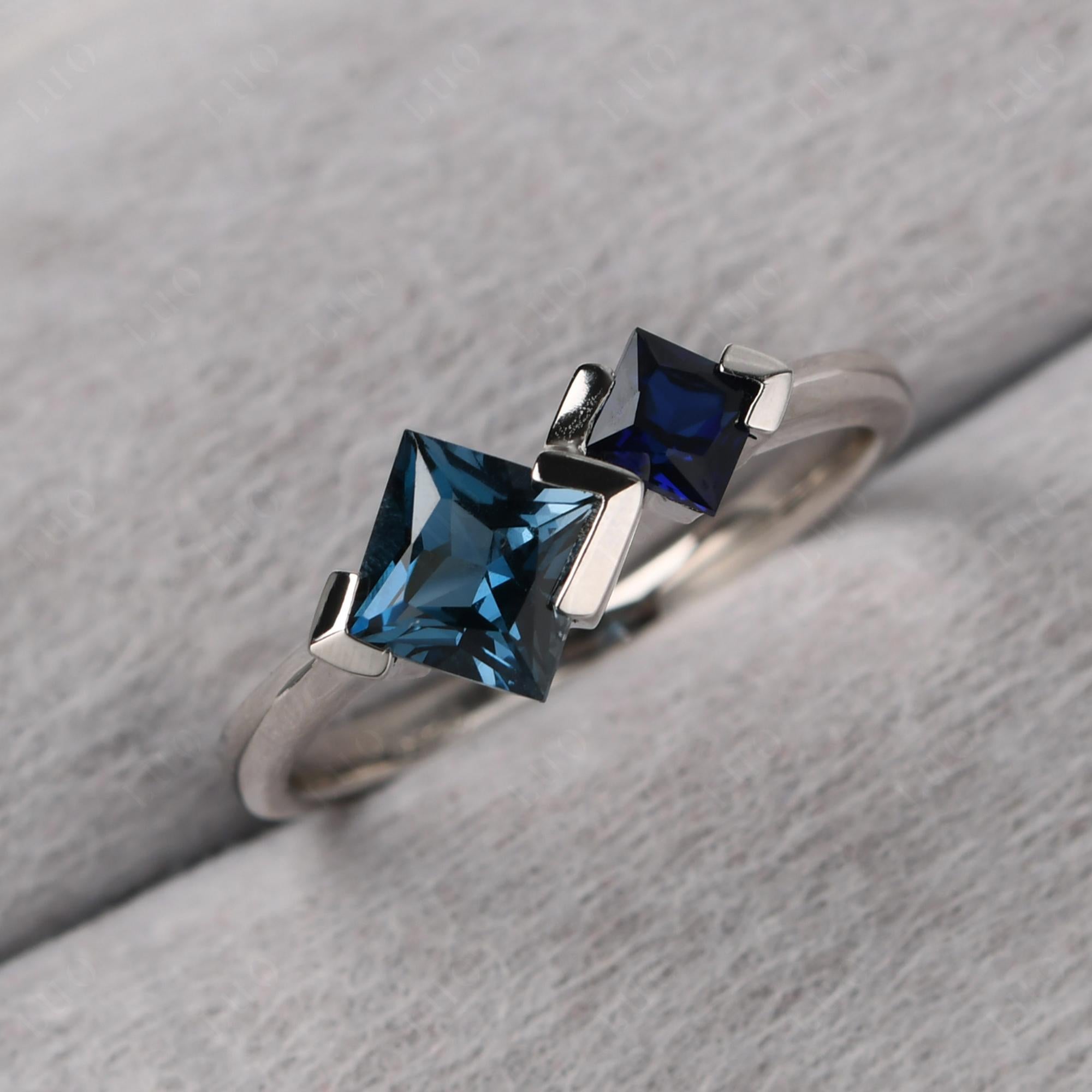 Kite Set 2 Stone Princess Cut London Blue Topaz and Sapphire Ring - LUO Jewelry