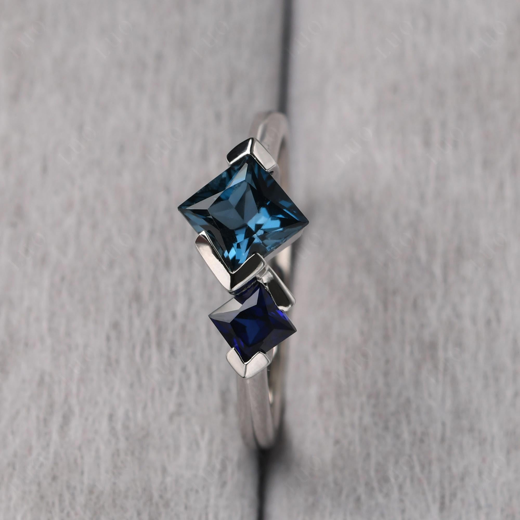Kite Set 2 Stone Princess Cut London Blue Topaz and Sapphire Ring - LUO Jewelry