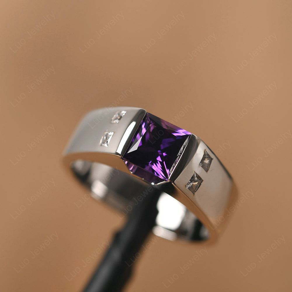 Princess Cut Amethyst Ring Wide Band - LUO Jewelry