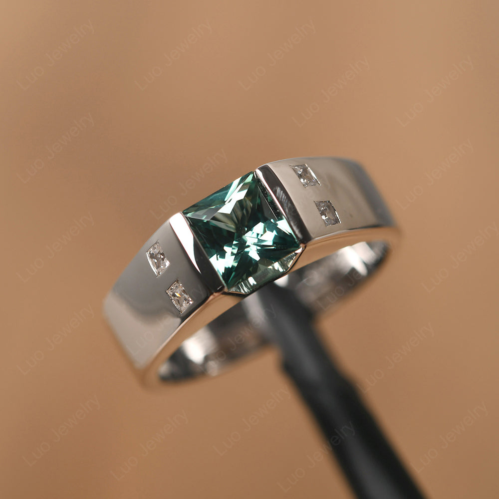 Princess Cut Green Sapphire Ring Wide Band - LUO Jewelry