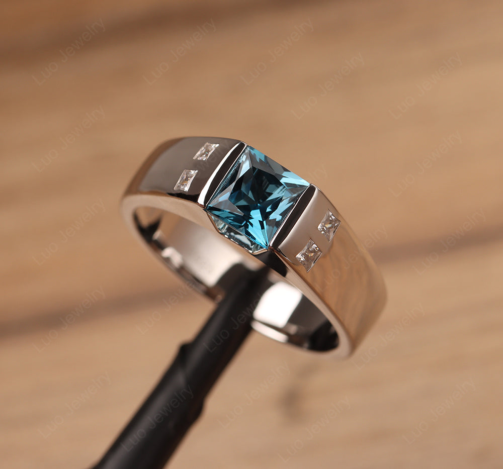 Princess Cut London Blue Topaz Ring Wide Band - LUO Jewelry