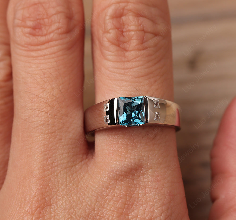 Princess Cut London Blue Topaz Ring Wide Band - LUO Jewelry