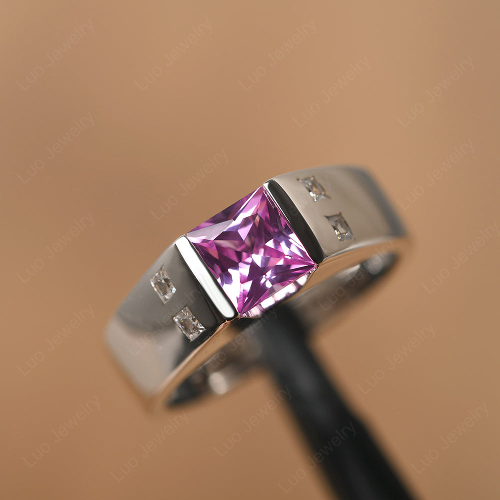 Princess Cut Pink Sapphire Ring Wide Band - LUO Jewelry