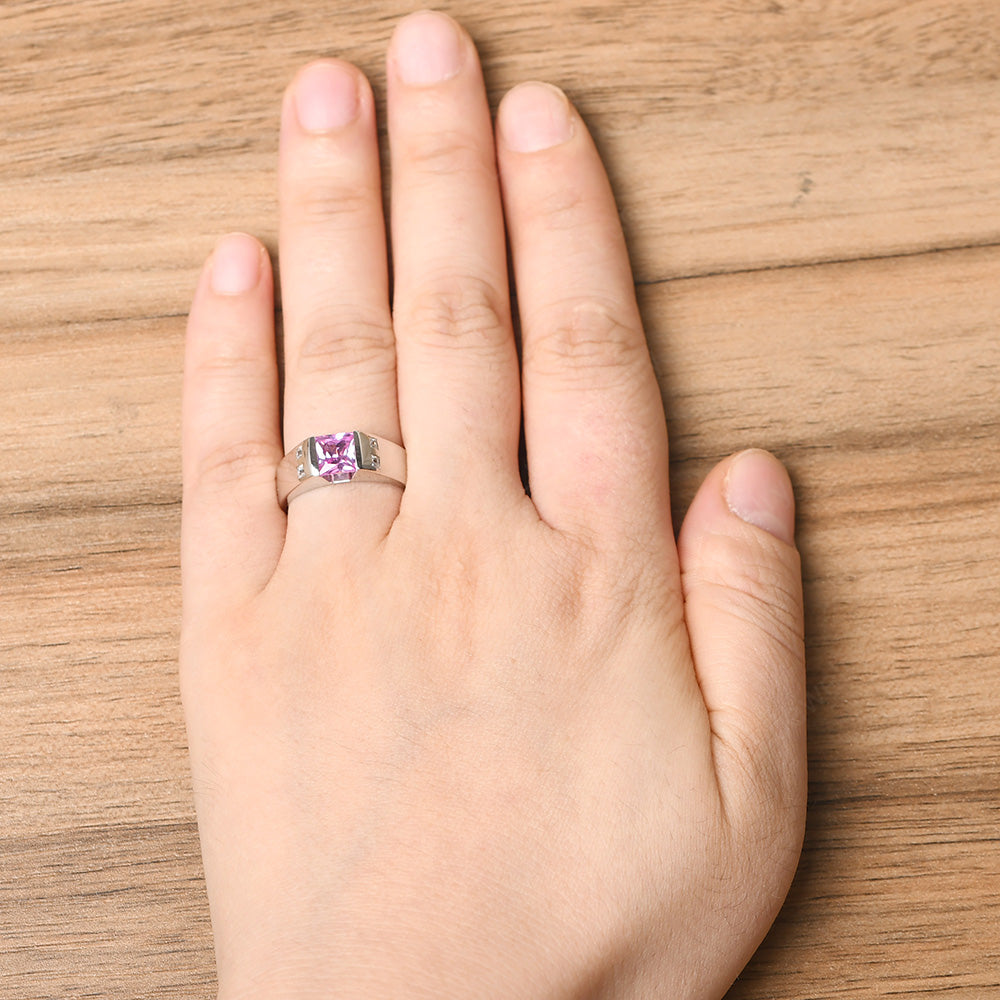 Princess Cut Pink Sapphire Ring Wide Band - LUO Jewelry