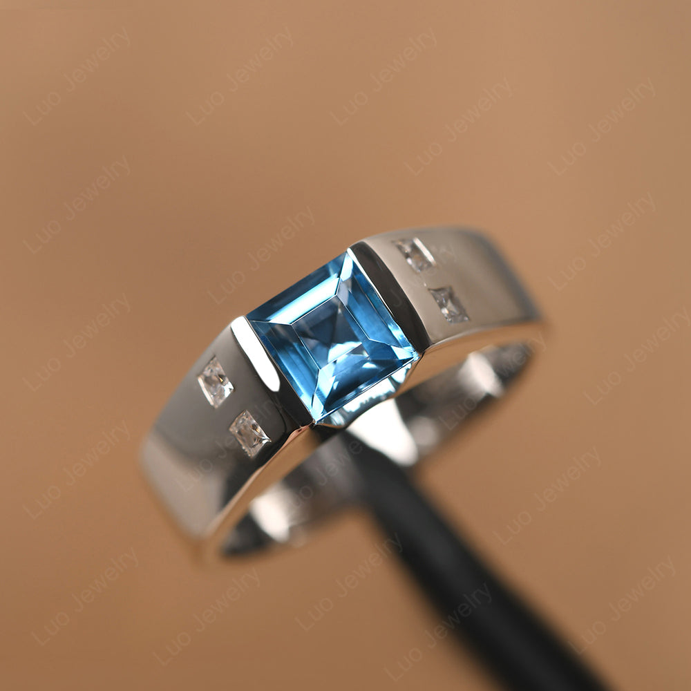 Square Cut Swiss Blue Topaz Ring Wide Band - LUO Jewelry