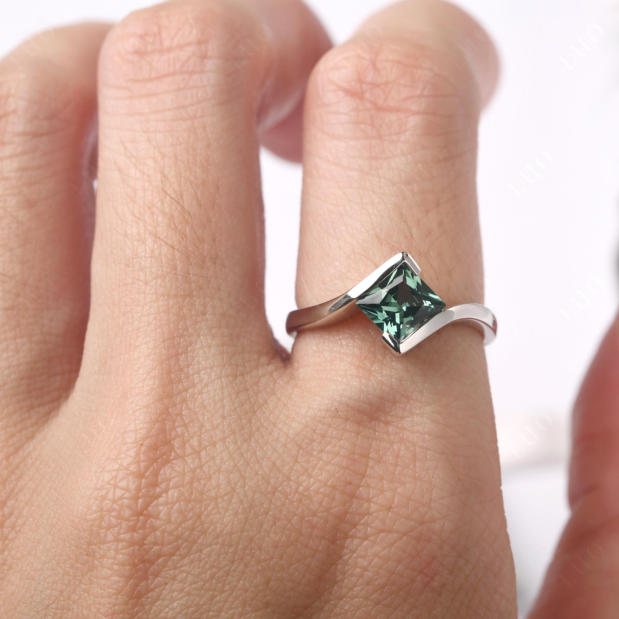 Princess Cut Lab Grown Green Sapphire Bypass Tension Ring - LUO Jewelry