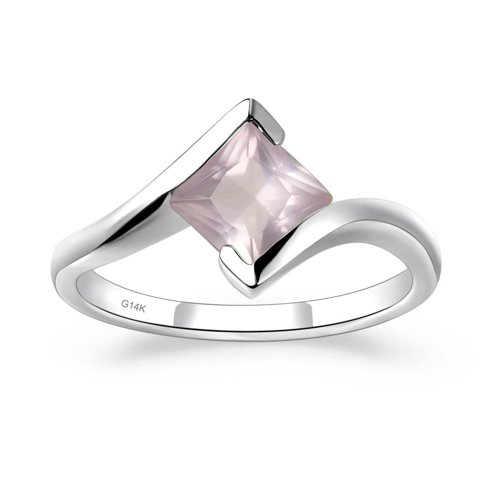Princess Cut Rose Quartz Bypass Tension Ring - LUO Jewelry #metal_14k white gold
