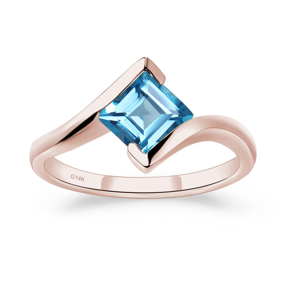 Square Cut Swiss Blue Topaz Bypass Tension Ring - LUO Jewelry #metal_14k rose gold