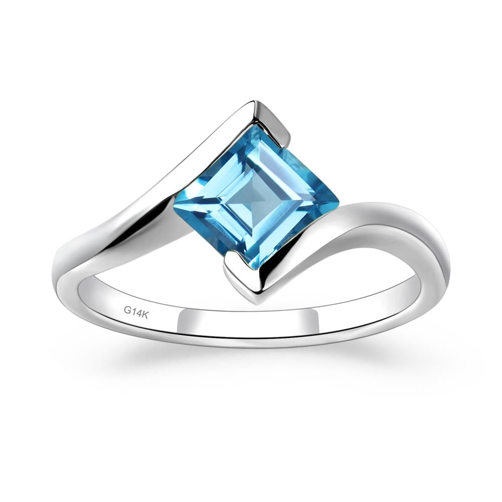Square Cut Swiss Blue Topaz Bypass Tension Ring - LUO Jewelry #metal_14k white gold