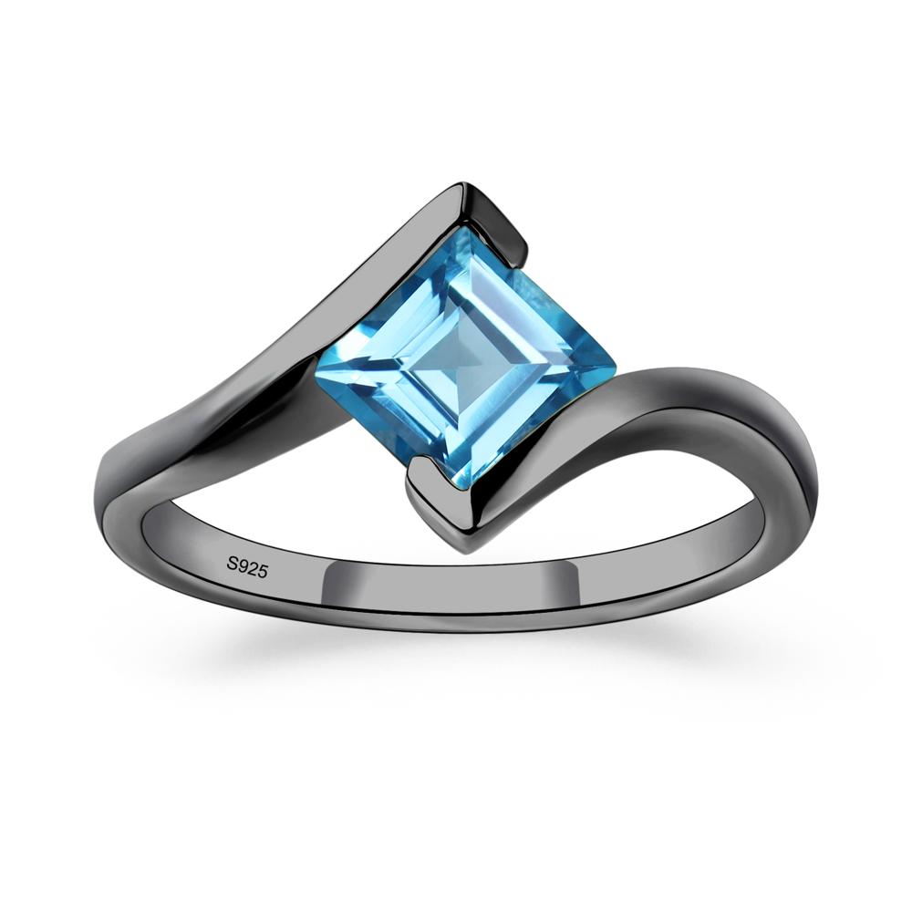 Square Cut Swiss Blue Topaz Bypass Tension Ring - LUO Jewelry #metal_black finish sterling silver