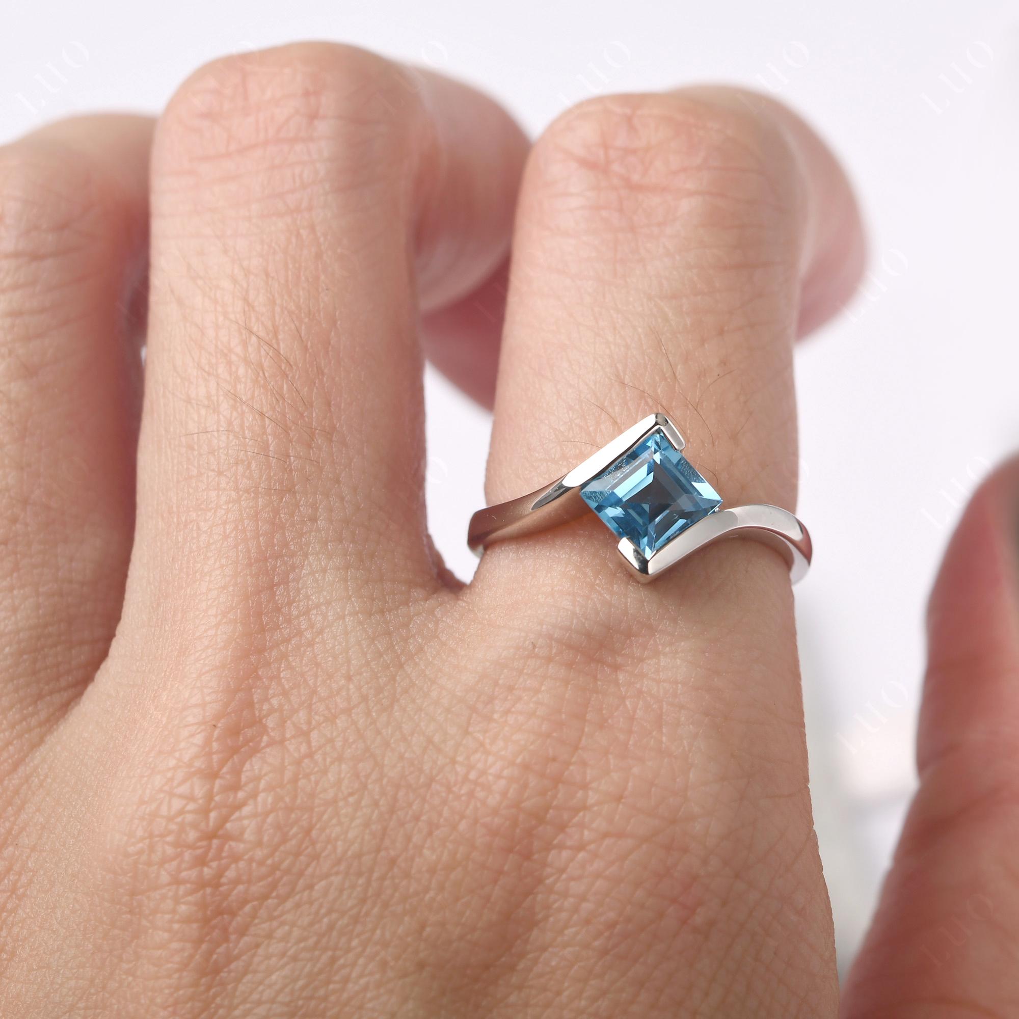 Square Cut Swiss Blue Topaz Bypass Tension Ring - LUO Jewelry