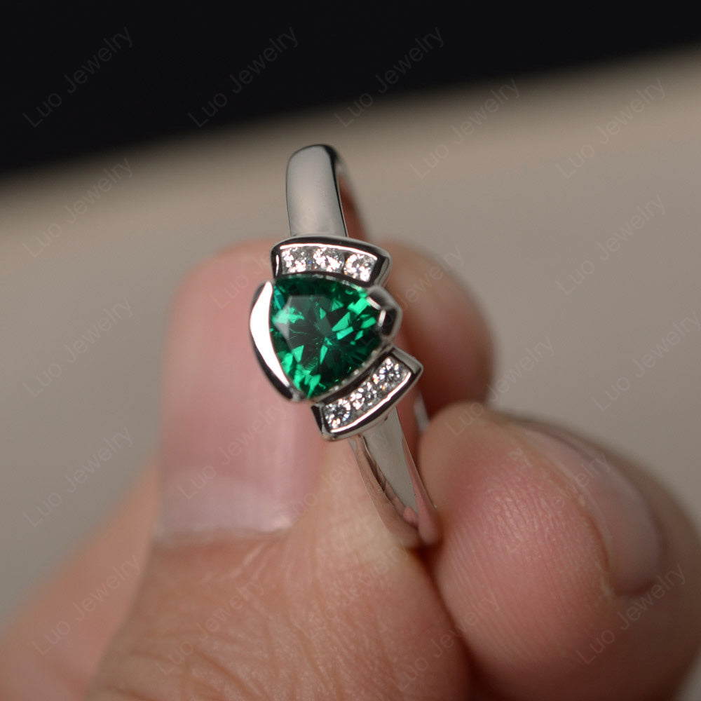 Trillion Cut Lab Emerald Ring White Gold - LUO Jewelry