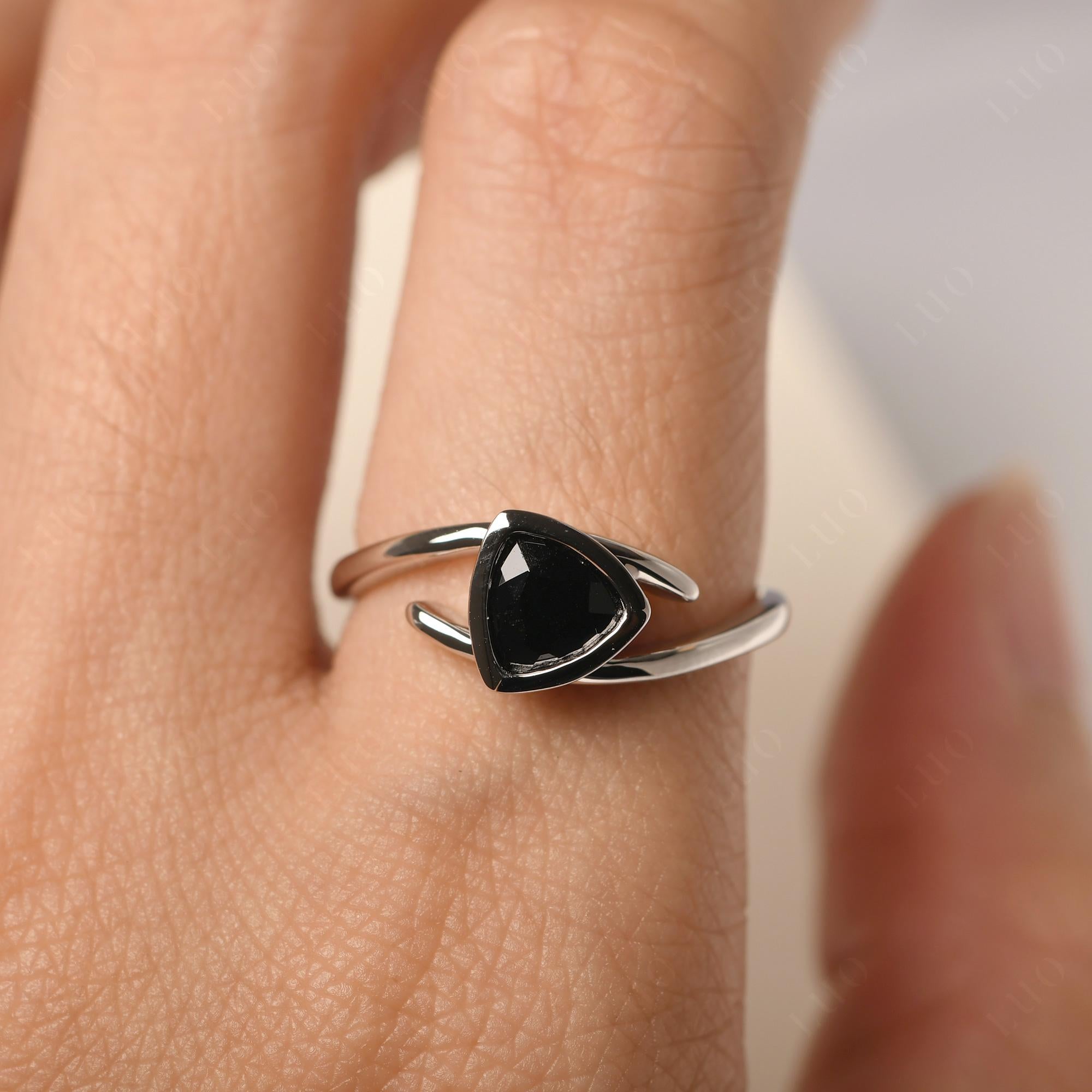 Black Stone Bezel Set Bypass Solitaire Ring - LUO Jewelry