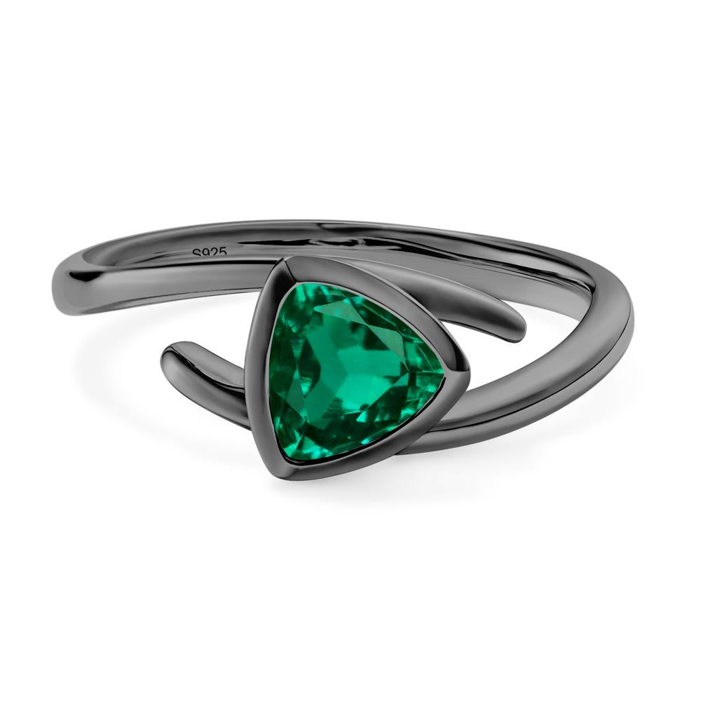 Lab Grown Emerald Bezel Set Bypass Solitaire Ring - LUO Jewelry #metal_black finish sterling silver