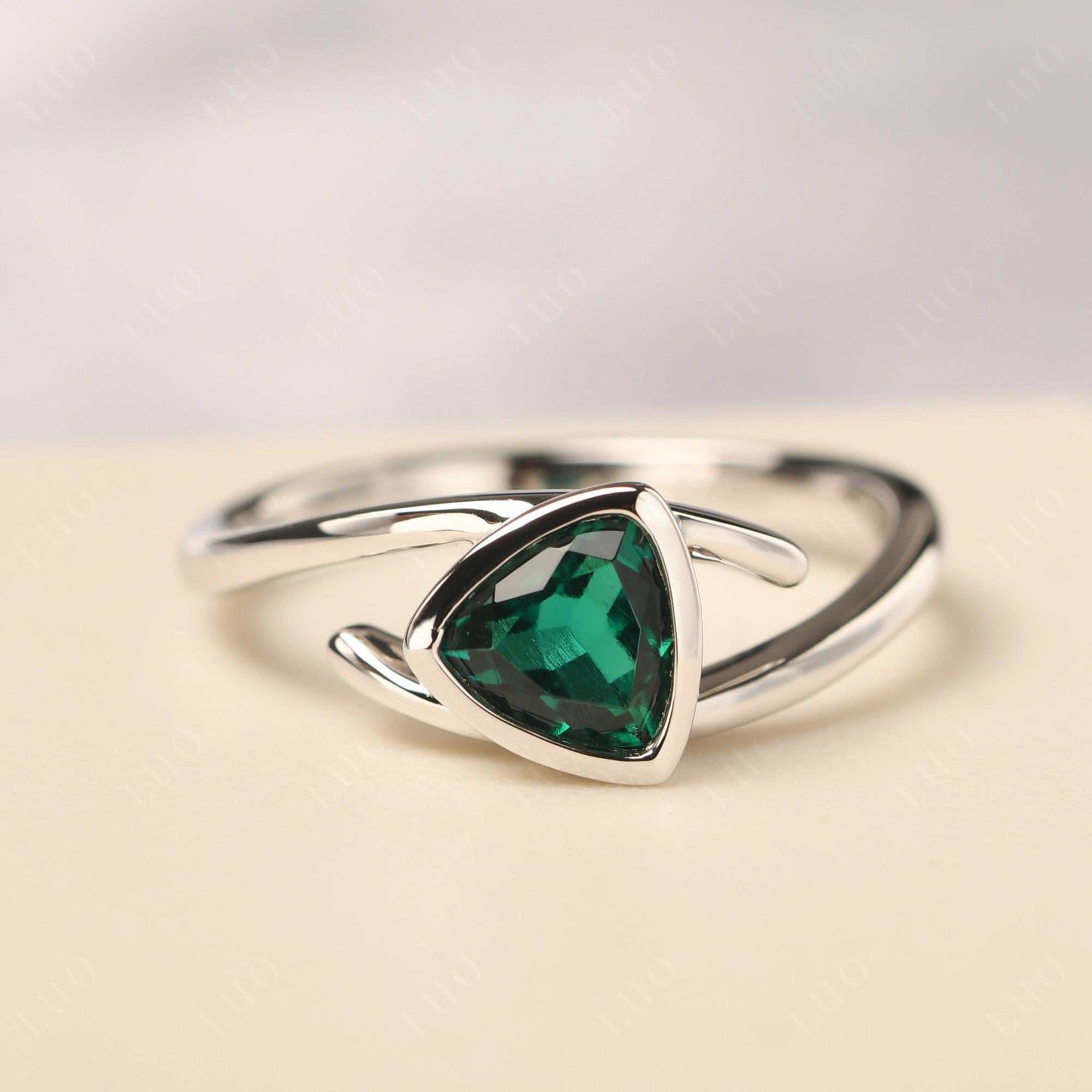 Lab Grown Emerald Bezel Set Bypass Solitaire Ring - LUO Jewelry