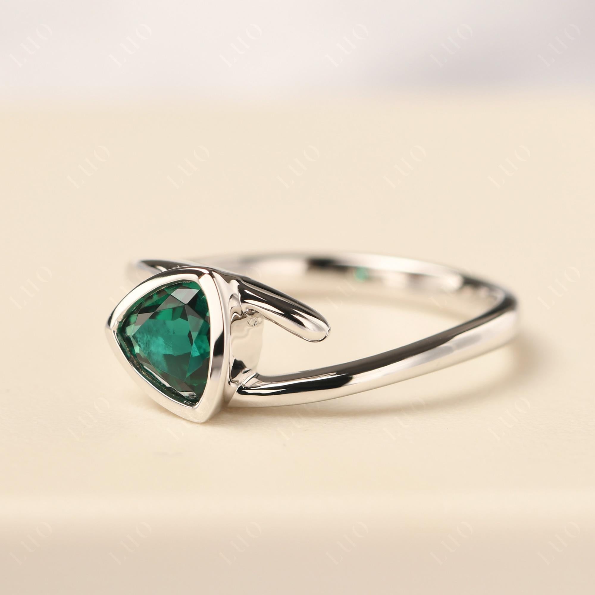 Lab Grown Emerald Bezel Set Bypass Solitaire Ring - LUO Jewelry