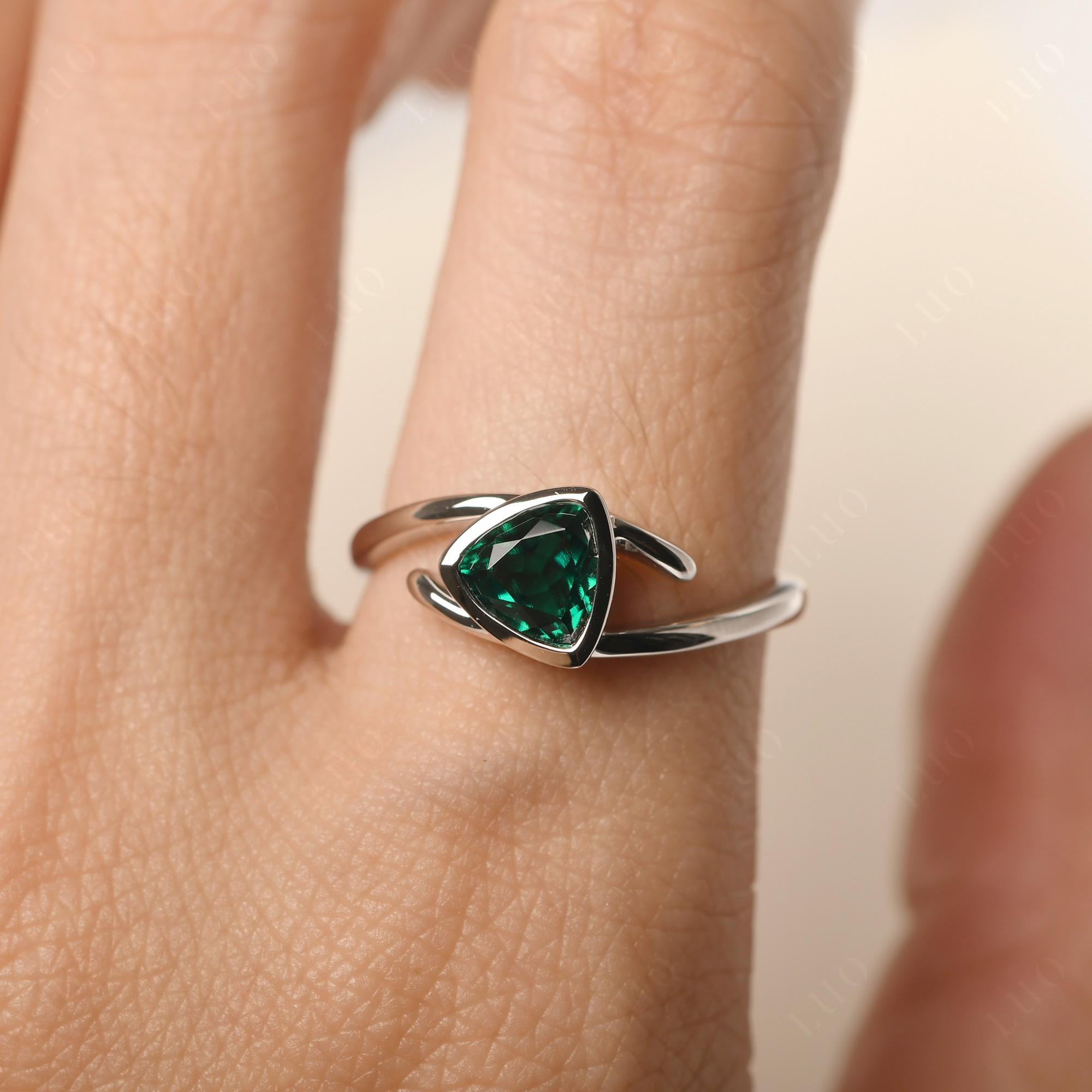 Lab Grown Emerald Bezel Set Bypass Solitaire Ring - LUO Jewelry