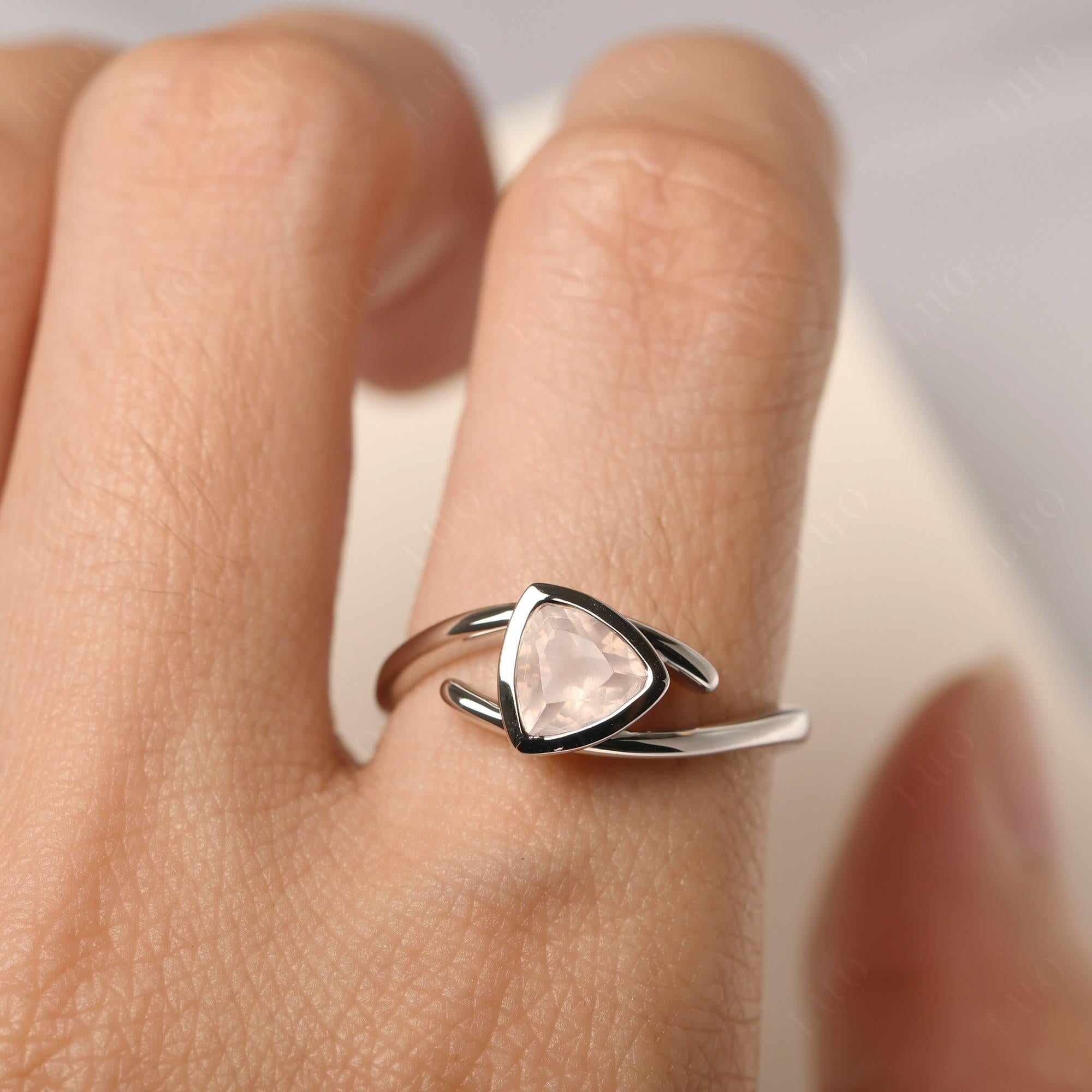 Rose Quartz Bezel Set Bypass Solitaire Ring - LUO Jewelry