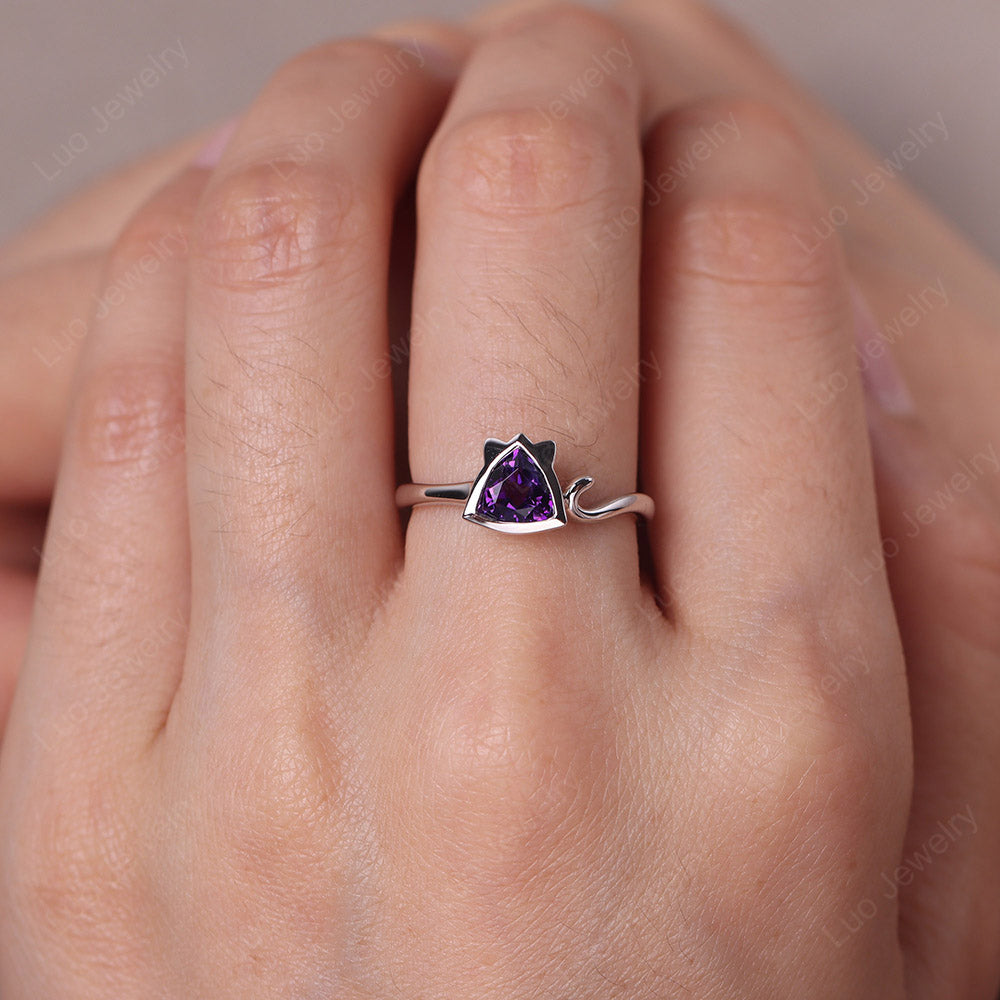 Cat Trillion Cut Amethyst Bezel Ring