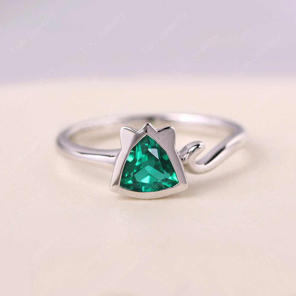 Cat Trillion Cut Lab Emerald Bezel Ring