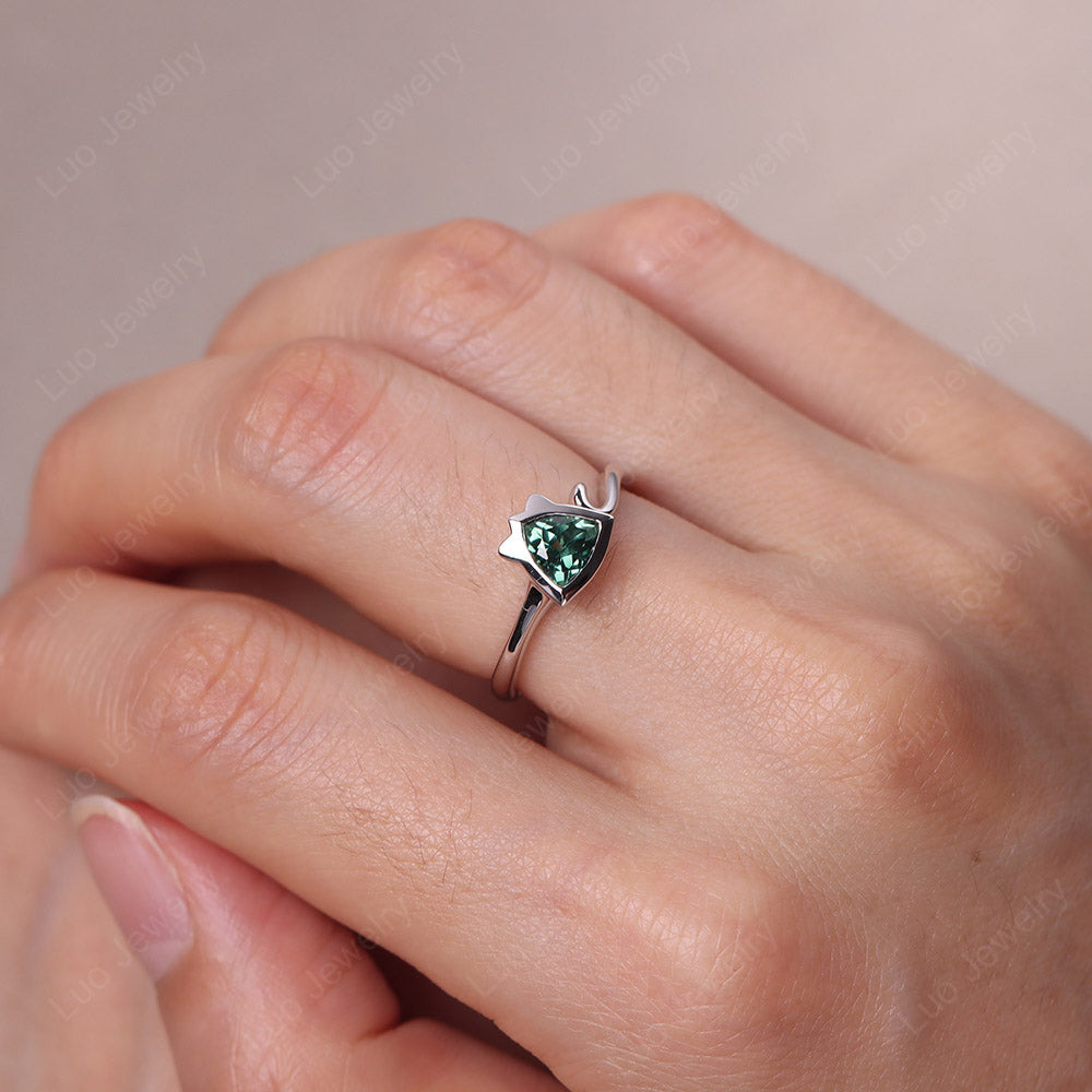 Cat Trillion Cut Lab Created Green Sapphire Bezel Ring