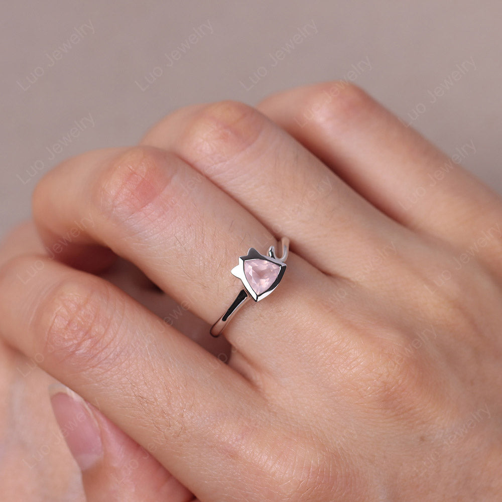Cat Trillion Cut Rose Quartz Bezel Ring