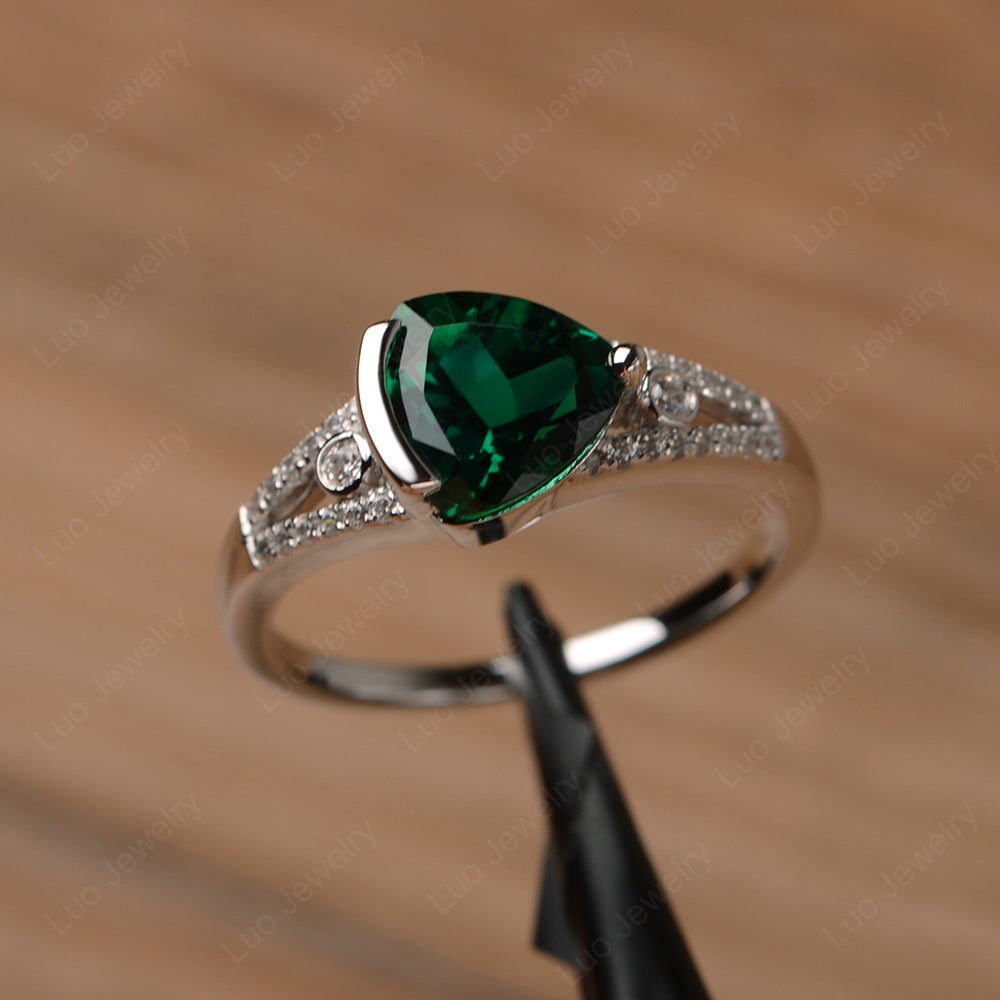 Trillion Cut Lab Emerald Wedding Ring Silver - LUO Jewelry