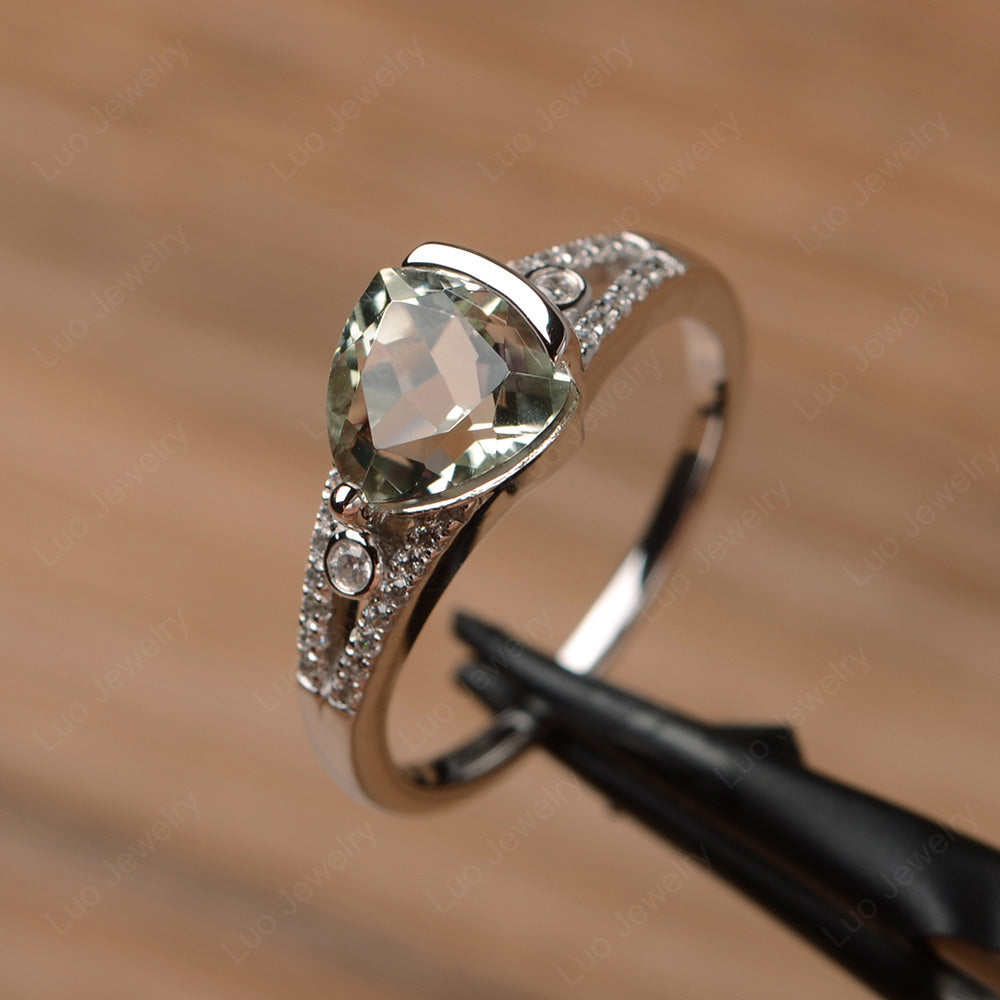 Trillion Cut Green Amethyst Wedding Ring Silver - LUO Jewelry
