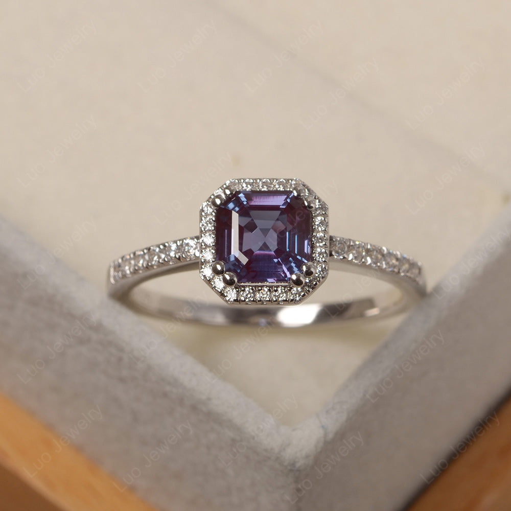 Asscher Cut Alexandrite Halo Engagement Ring - LUO Jewelry