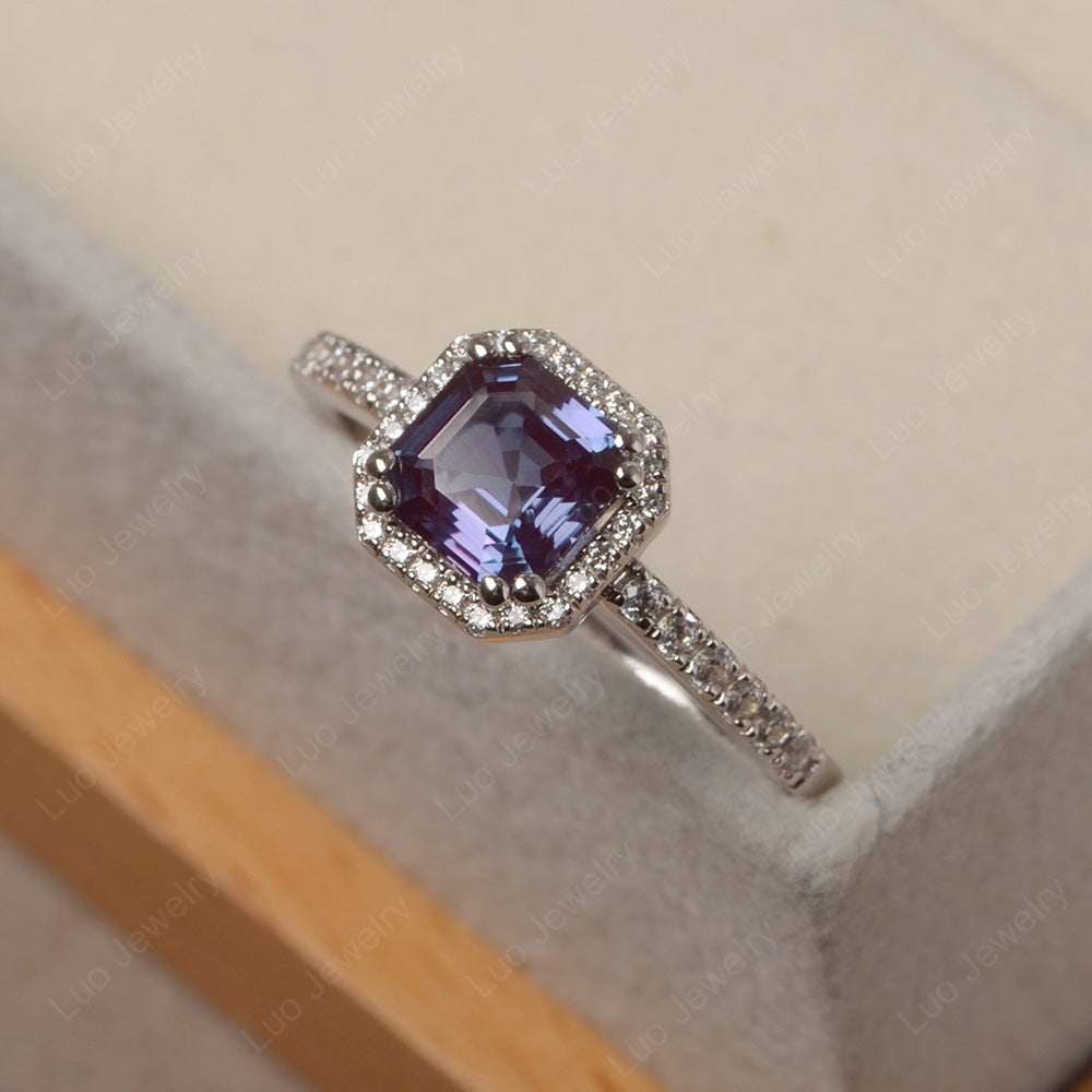 Asscher Cut Alexandrite Halo Engagement Ring - LUO Jewelry