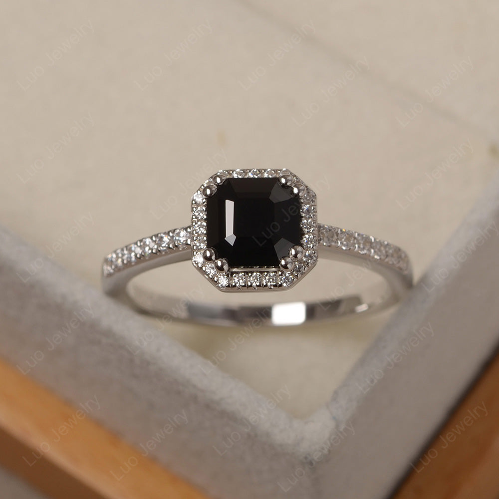 Asscher Cut Black Spinel Halo Engagement Ring - LUO Jewelry