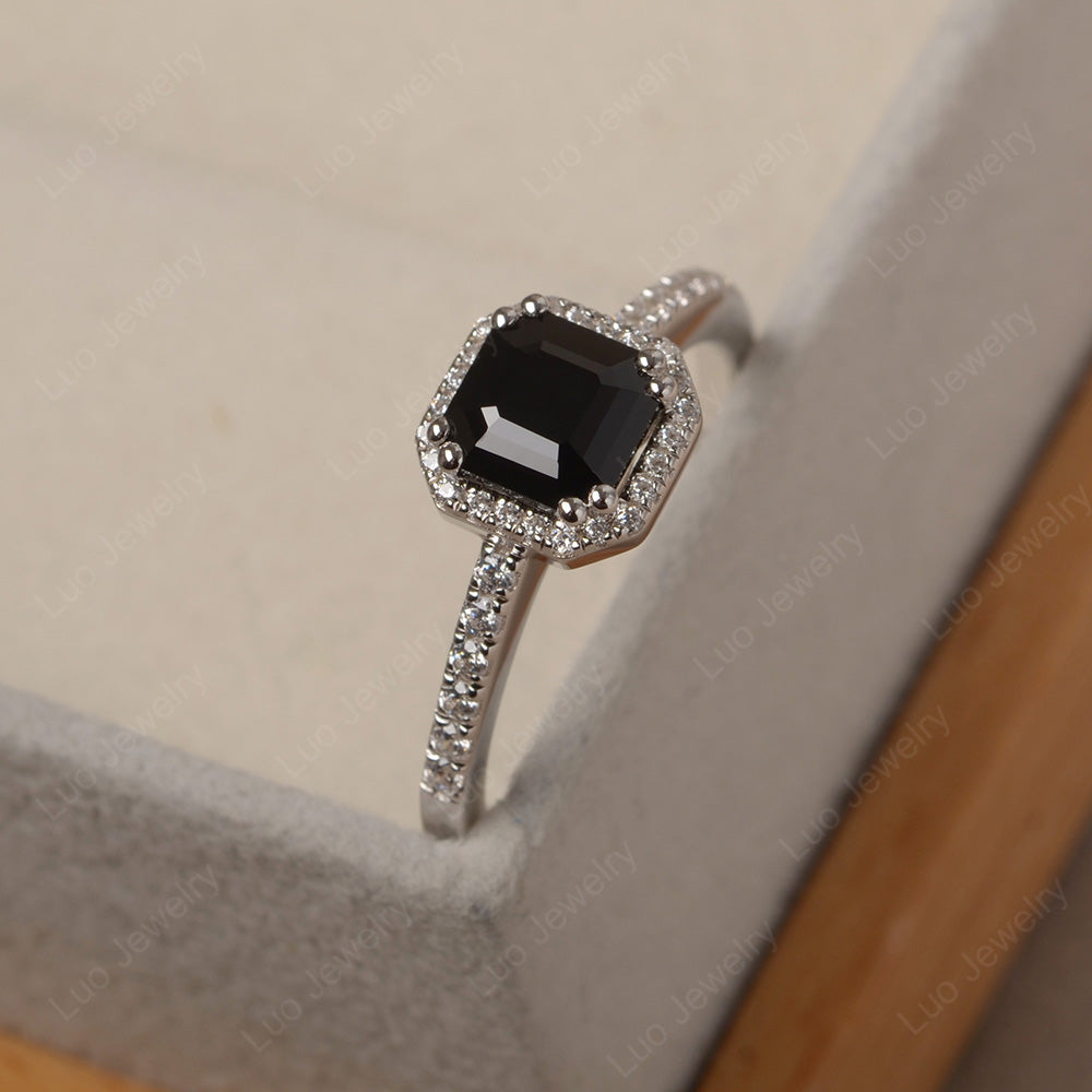 Asscher Cut Black Spinel Halo Engagement Ring - LUO Jewelry