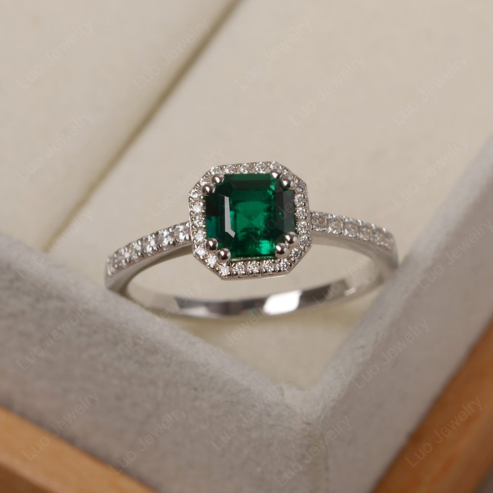 Asscher Cut Lab Emerald Halo Engagement Ring - LUO Jewelry