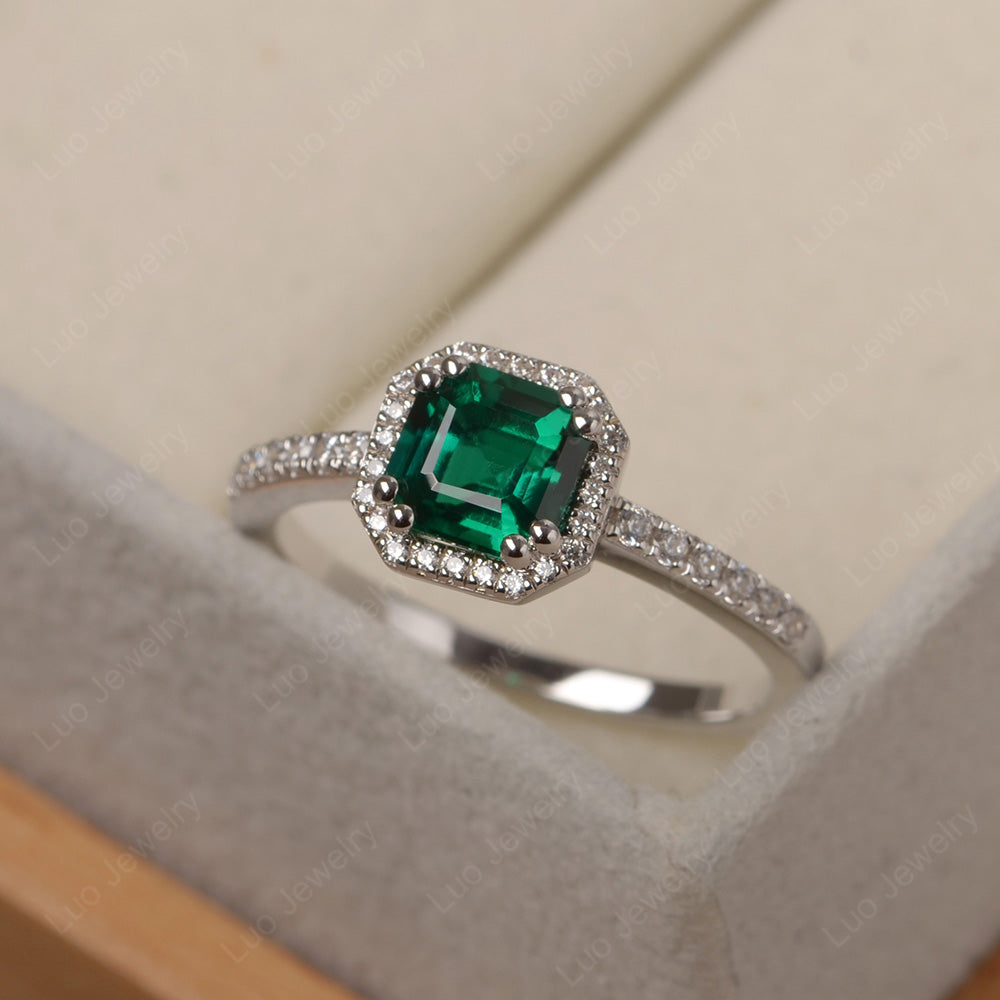 Asscher Cut Lab Emerald Halo Engagement Ring - LUO Jewelry