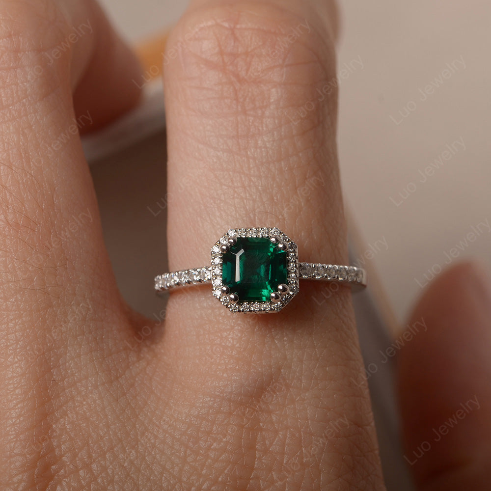 Asscher Cut Lab Emerald Halo Engagement Ring - LUO Jewelry