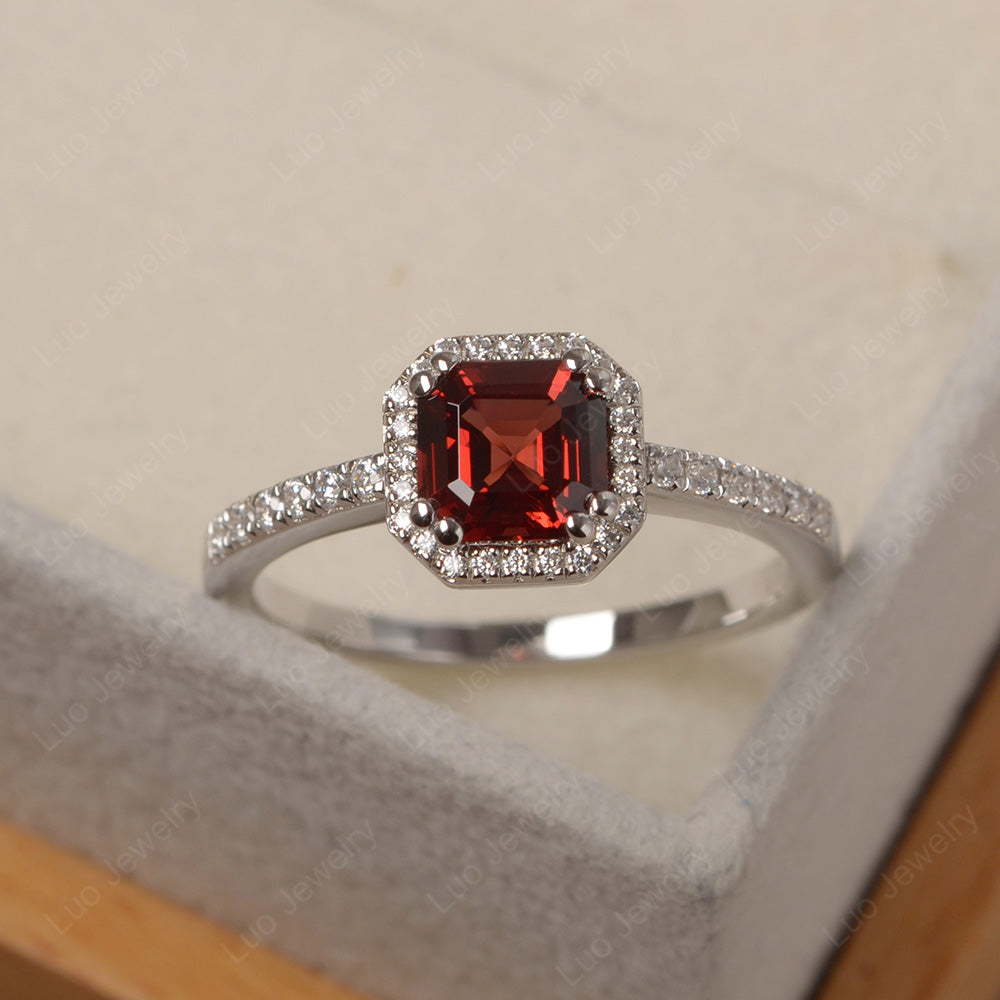 Asscher Cut Garnet Halo Engagement Ring - LUO Jewelry