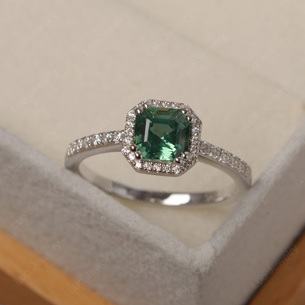 Asscher Cut Green Sapphire Halo Engagement Ring - LUO Jewelry