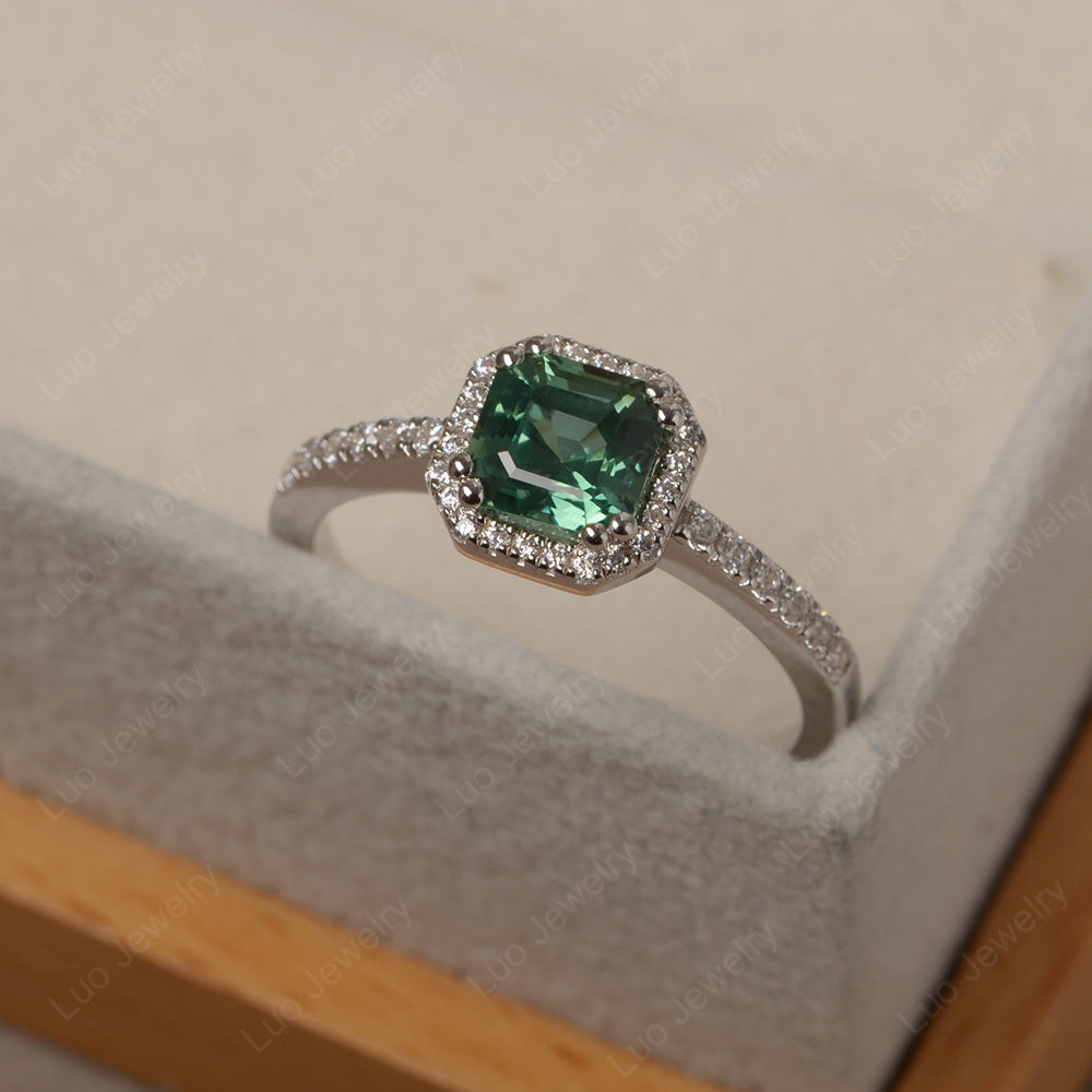 Asscher Cut Green Sapphire Halo Engagement Ring - LUO Jewelry