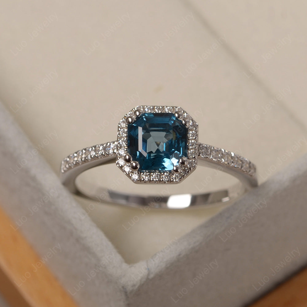 Asscher Cut London Blue Topaz Halo Engagement Ring - LUO Jewelry