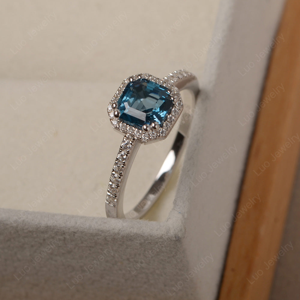 Asscher Cut London Blue Topaz Halo Engagement Ring - LUO Jewelry