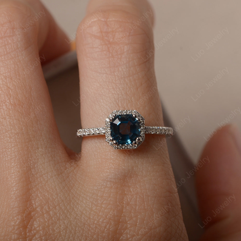 Asscher Cut London Blue Topaz Halo Engagement Ring - LUO Jewelry